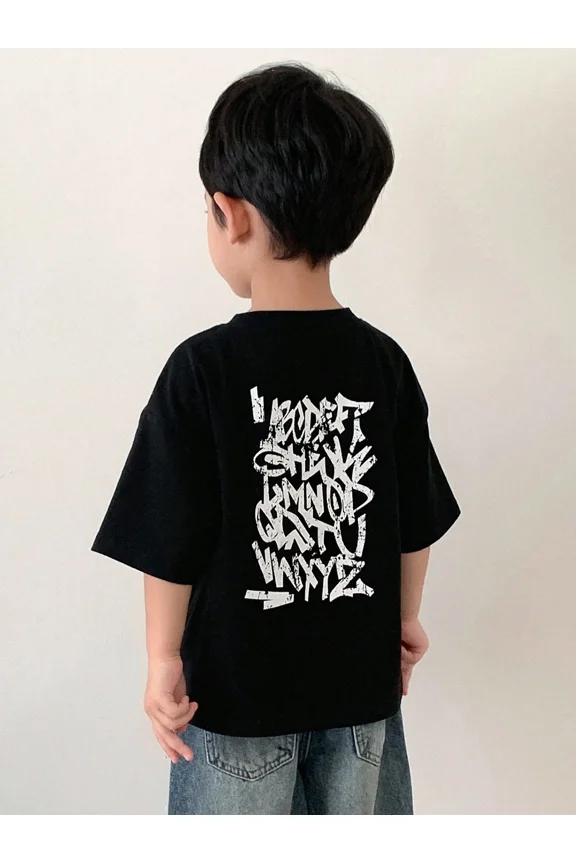 children’s wear Retro Graffiti Alphabet ABC Print Black Short Sleeve T-Shirt for Boys Kids Toddler Casual Streetwear Summer Cotton Top
