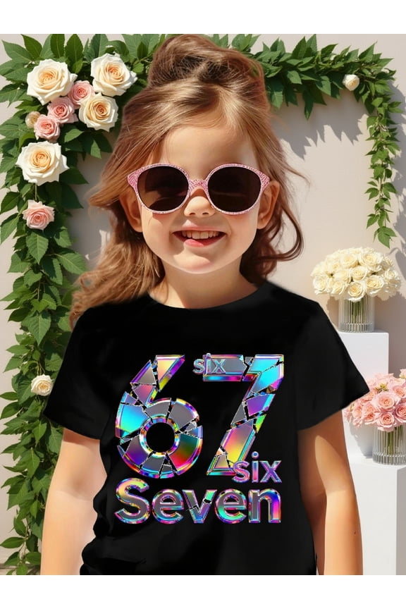children’s wear Retro Holographic Number 6 and 7 T-Shirt for Kids, Cute Iridescent Birthday Graphic Tee for Girls and Boys, Funny Colorful Chrome Prism Toddler Short Sleeve Top