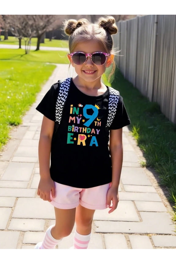 children’s wear Retro In My 9th Birthday Era Girls T-Shirt, Cute Colorful 9 Year Old Birthday Gift for Kids, Funny Graphic Tee for Girls