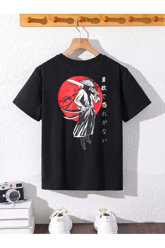 children’s wear Retro Japanese Samurai Warrior Graphic T-Shirt for Boys and Girls, Cool Ronin Red Sun Kids Short Sleeve Tee, Brave Fearless Japanese Art Child Top
