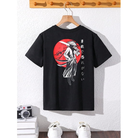 children’s wear Retro Japanese Samurai Warrior Graphic T-Shirt for Boys and Girls, Cool Ronin Red Sun Kids Short Sleeve Tee, Brave Fearless Japanese Art Child Top