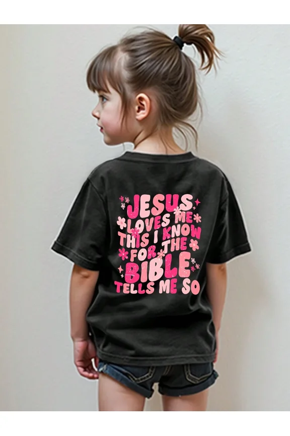 children’s wear Retro Jesus Loves Me Bible Verse T-Shirt for Girls, Cute Pink Groovy Christian Faith Graphic Tee for Kids and Toddlers