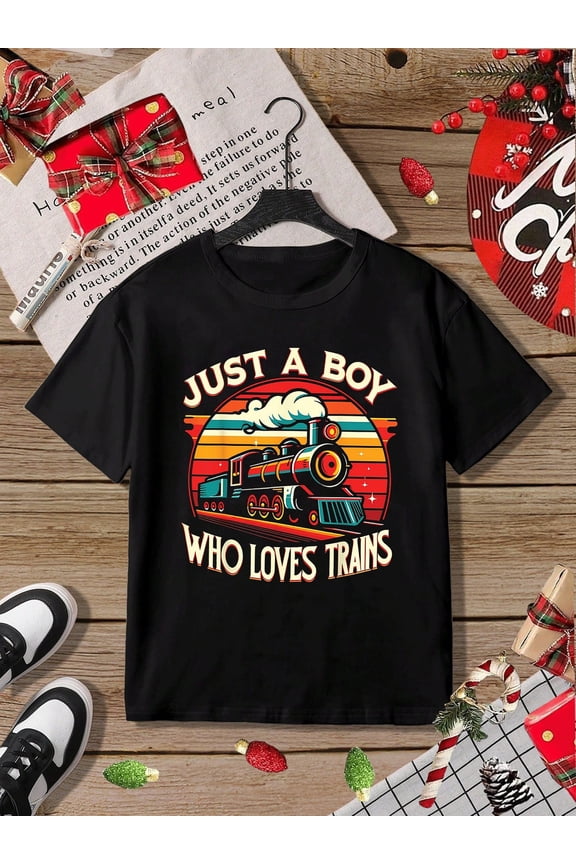 children’s wear Retro Just A Boy Who Loves Trains T-Shirt Cute Vintage Locomotive Steam Engine Graphic Tee for Boys Kids Toddler Birthday Gift