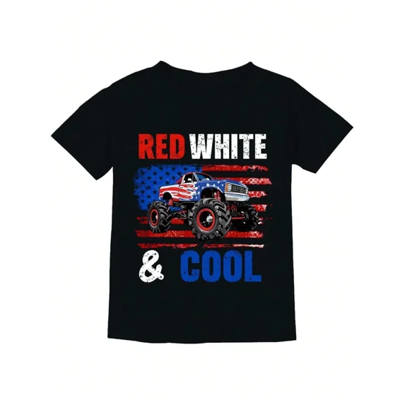 children’s wear Retro Kids Monster Truck American Flag T-Shirt, Patriotic Red White and Blue 4th of July Graphic Tee for Boys and Toddlers