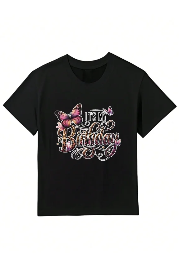 children’s wear Retro Leopard Print Butterfly It's My Birthday Graphic Tee Cute Birthday Party Shirt for Toddler Girls Kids Black