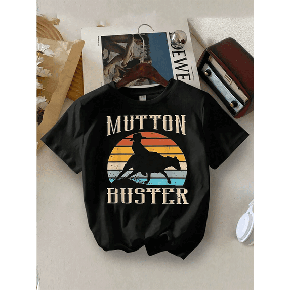 children’s wear Retro Mutton Buster Rodeo T-Shirt for Kids Funny Cowboy Sheep Riding Graphic Tee for Boys and Girls Vintage Western Sunset Toddler Shirt