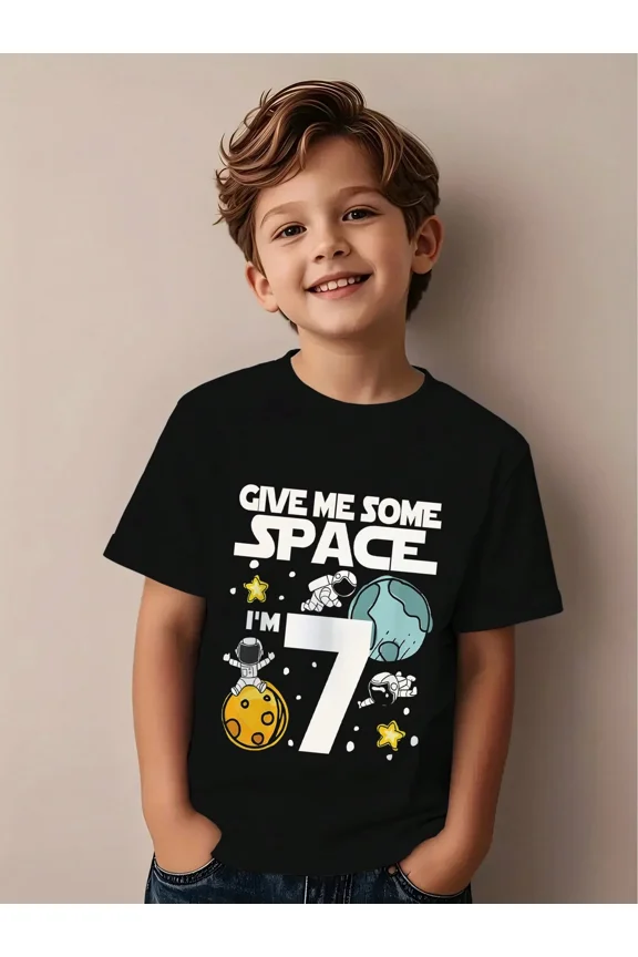children’s wear Retro Outer Space Astronaut 7th Birthday T-Shirt for Boys, Cute Give Me Some Space Planet Graphic Tee for Kids, Comfortable Toddler Birthday Party Top