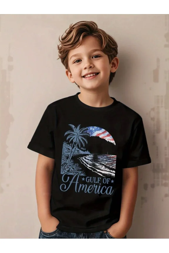 children’s wear Retro Patriotic American Flag Beach Scene Boys Graphic T-Shirt, Cute Summer Palm Tree Kids Short Sleeve Tee, Gulf of America Vintage Style Child Top