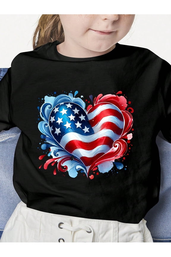 children’s wear Retro Patriotic American Flag Heart Kids T-Shirt Cute USA Pride Girls Boys Toddler Graphic Tee for 4th of July Independence Day