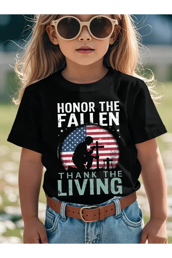 children’s wear Retro Patriotic Kids T-Shirt Honor The Fallen Thank The Living American Flag Soldier Graphic Tee for Girls and Boys Toddler Memorial Day Gift