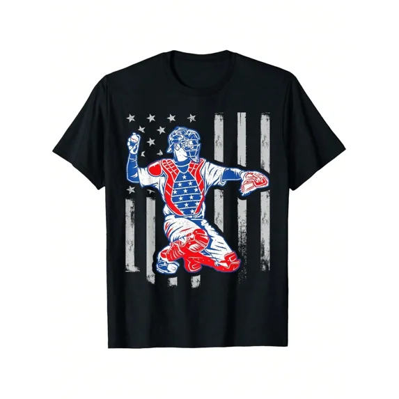 children’s wear Retro Patriotic USA Flag Baseball Catcher Graphic T-Shirt for Kids Boys Girls, Cute American Flag Sports Tee for Toddler Child