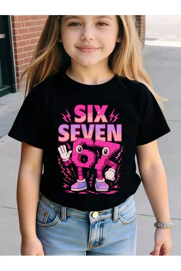 children’s wear Retro Pink and Purple Six Seven 67 Character Graphic T-Shirt for Girls and Kids, Cute Short Sleeve Casual Cotton Top