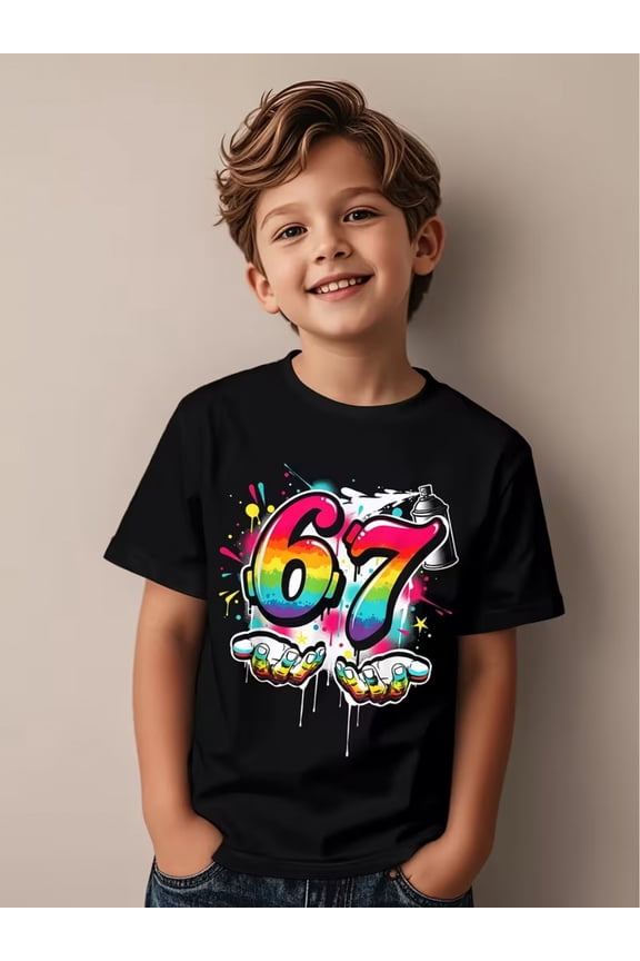 children’s wear Retro Rainbow Graffiti Number 67 Graphic T-Shirt for Boys and Girls, Cute Colorful Street Art Kids Short Sleeve Tee