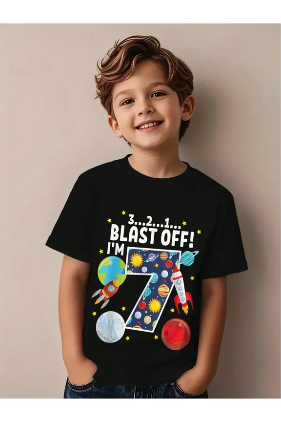 children’s wear Retro Rocket Space 7th Birthday Blast Off T-Shirt for Boys, Cute Solar System Planets Seventh Birthday Gift for Child, Toddler Boys Graphic Tee Black