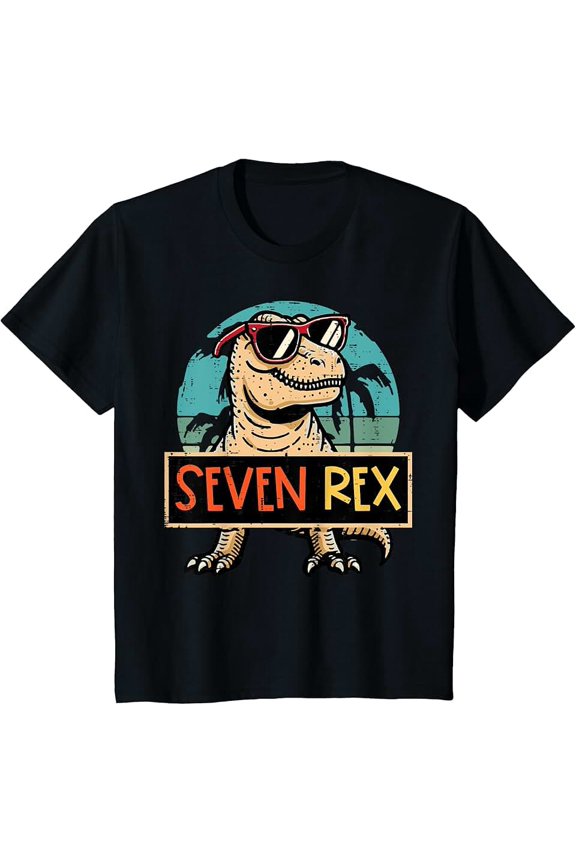 children’s wear Retro Seven Rex 7th Birthday T-Rex Dinosaur Kids Graphic T-Shirt for Boys and Girls Cute Sunglasses Summer Beach Vibes Toddler Tee