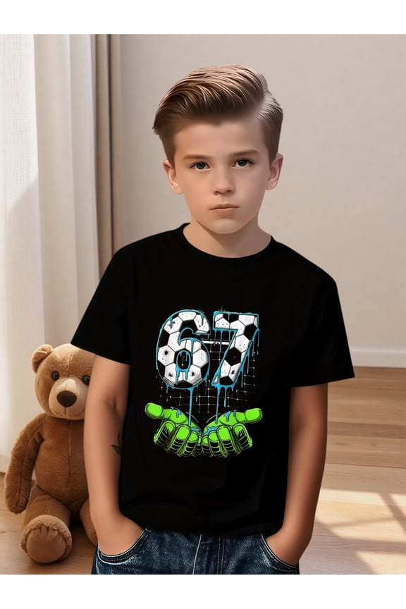 children’s wear Retro Soccer Goalkeeper Number 67 Graphic Black T-Shirt for Boys Kids Funny Cool Sports Team Apparel