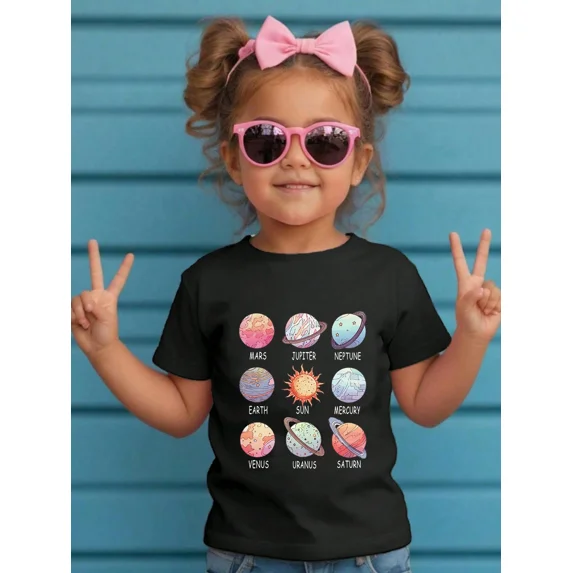 children’s wear Retro Solar System Planets Graphic T-Shirt for Girls, Cute Outer Space Astronomy Educational Science Tee for Kids and Toddlers