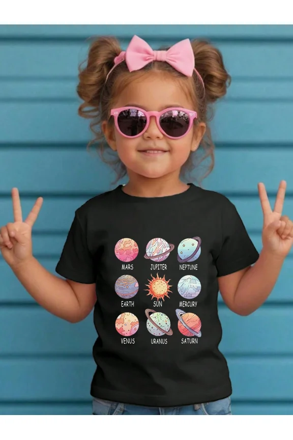 children’s wear Retro Solar System Planets Graphic T-Shirt for Girls, Cute Outer Space Astronomy Educational Science Tee for Kids and Toddlers