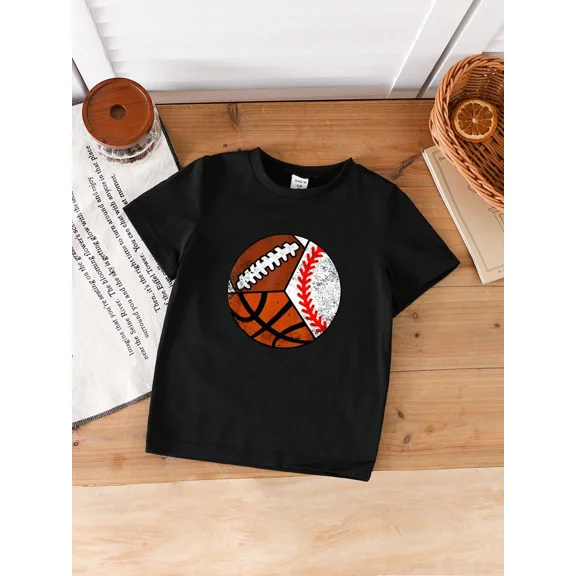 children’s wear Retro Sports Graphic Tee for Kids Boys Girls - Funny Basketball Football Baseball Short Sleeve T-Shirt Toddler Child Black Cotton Top