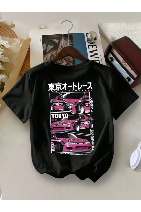 children’s wear Retro Tokyo Auto Race Car Enthusiast Graphic T-Shirt, Cute Pink JDM Drift Car Anime Style Japanese Streetwear for Kids Boys Girls