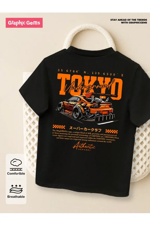 children’s wear Retro Tokyo Underground JDM Sports Car Graphic T-Shirt, Cool Racing Drift Car Black Cotton Tee for Kids Boys Toddler
