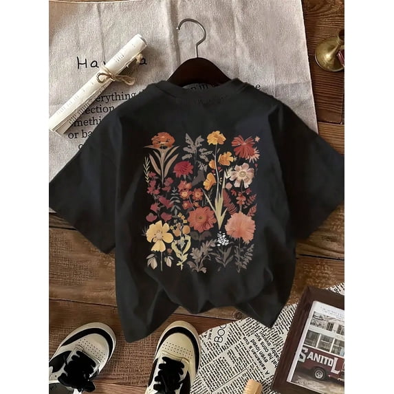 children’s wear Retro Wildflower Botanical Graphic Black T-Shirt for Girls, Cute Vintage Floral Print Short Sleeve Summer Top for Kids and Toddler