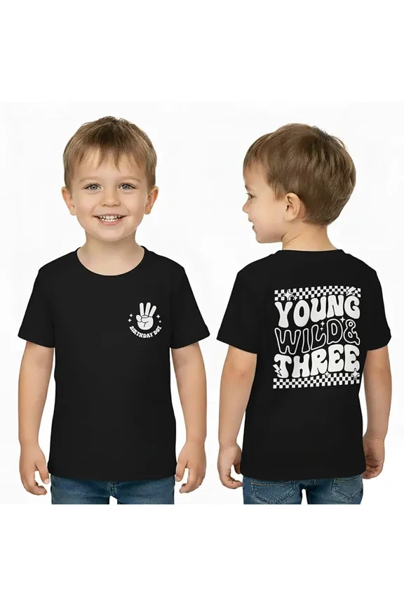 children’s wear Retro Young Wild & Three Toddler Boys 3rd Birthday T-Shirt Cute Funny Checkered Graphic Tee for Kids