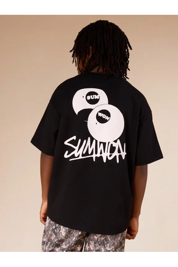 children’s wear SUMWON Graffiti Graphic Black T-Shirt for Kids Boys Girls Retro Streetwear Style Short Sleeve Cotton Tee