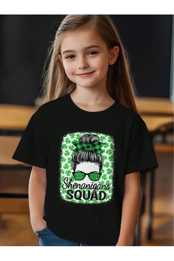 children's wear Shenanigans Squad St. Patrick's Day Girl's Graphic T-Shirt Black Shamrock Messy Bun Top