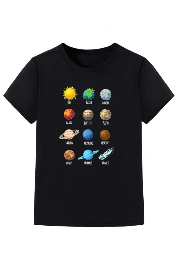children’s wear Solar System Planets Space Science Educational Graphic T-Shirt for Kids Boys Girls Toddler Retro Astronomy Black Tee