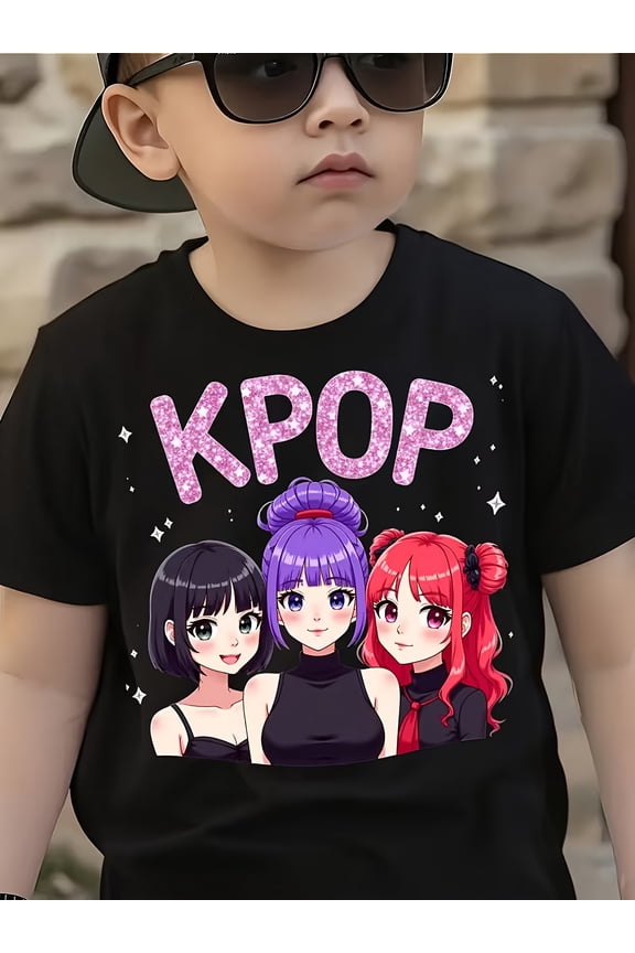 children’s wear Sparkly Pink KPOP Anime Girls Graphic T-Shirt for Kids | Trendy K-Pop Fan Apparel