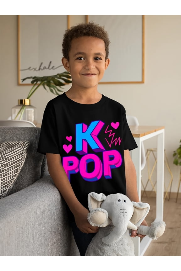 children’s wear Stylish K-Pop Hearts Graphic Tee Shirt for Kids, Trendy Music Lover Apparel