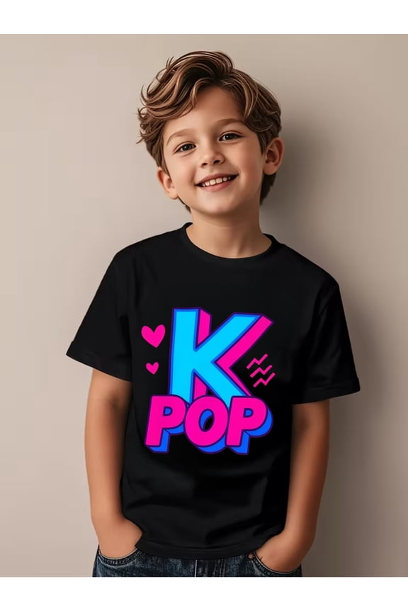 children’s wear Trendy K-POP Music Lover Kids' Graphic T-Shirt - Bold Pink and Blue Style for Boys and Girls
