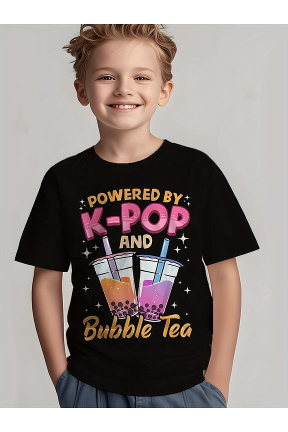 children’s wear Trendy K-Pop and Bubble Tea Graphic T-Shirt for Boys, Fun Kids Casual Summer Tee