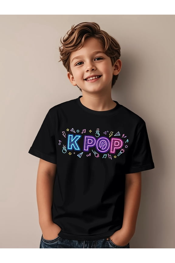 children’s wear Vibrant Neon KPOP Music Graphic T-Shirt for Kids, Cool Korean Pop Fan Tee for Boys and Girls