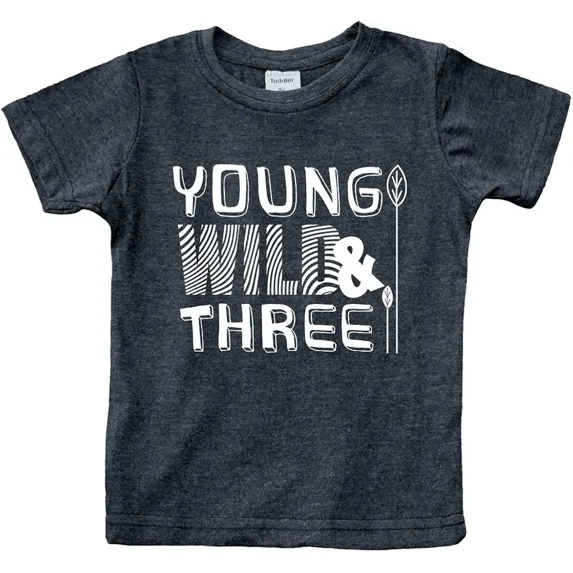 children’s wear Young Wild and Three 3rd Birthday T-Shirt for Toddler Boys and Girls Retro Cute Funny Kids Short Sleeve Graphic Tee Top