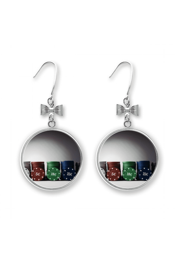 chip card game gambling photo bow earrings drop stud pierced hook