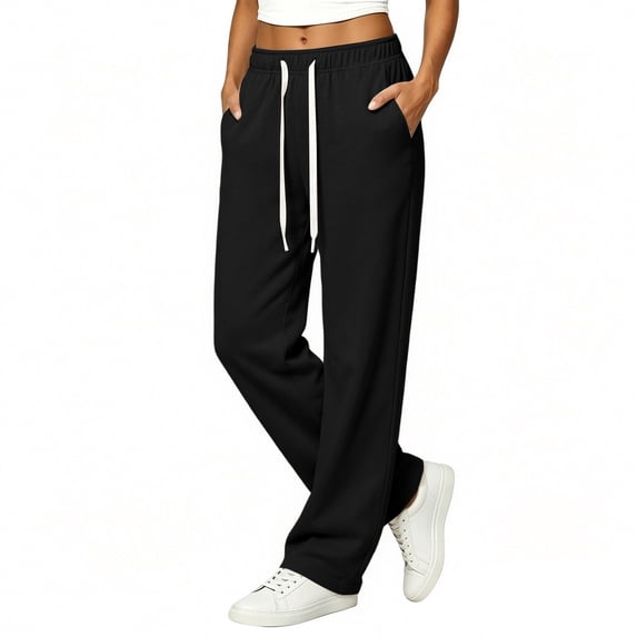 choiix Drawstring Wide Leg Sweatpants for Womens Loose Fit Casual Joggers Comfortable Sporty Trousers Versatile Lounge Bottoms Black M