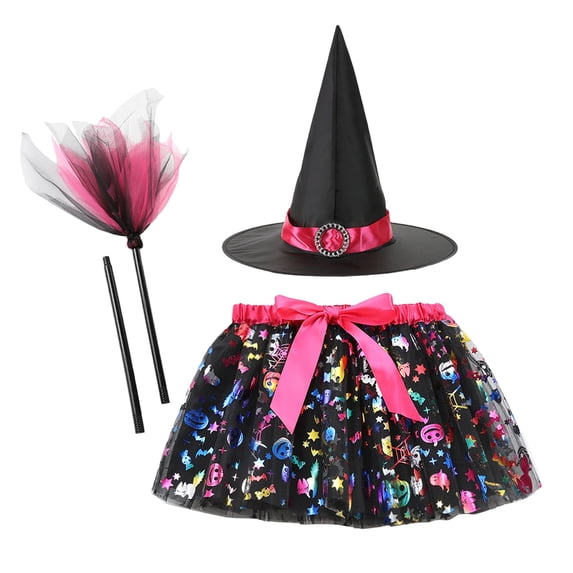 Izexuh Halloween Pumpkin Skirt and Witch Hat Set with Broomstick Printed Tulle Skirt and Hat Costume Outfit with 3 Piece Accessories Cosplay Dress and Party Outfit 100