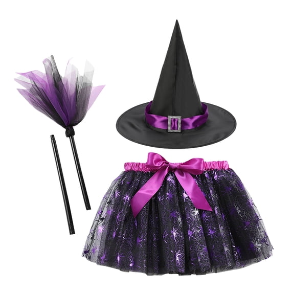 Izexuh Halloween Pumpkin Skirt and Witch Hat Set with Broomstick Printed Tulle Skirt and Hat Costume Outfit with 3 Piece Accessories Cosplay Dress and Party Outfit 110