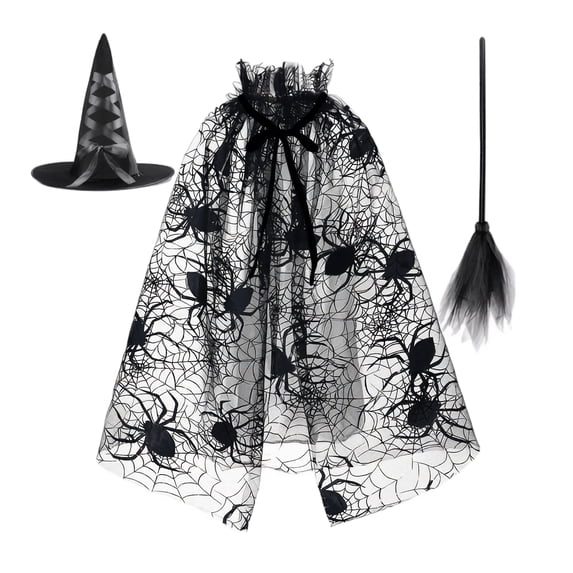 choiix Halloween Spider Web Cape Costume Set with Witch Hat and Broomstick Witch Outfit for Party Cosplay Dress for Performance