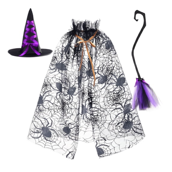 choiix Halloween Spider Web Cape Costume Set with Witch Hat and Broomstick Witch Outfit for Party Cosplay Dress for Performance