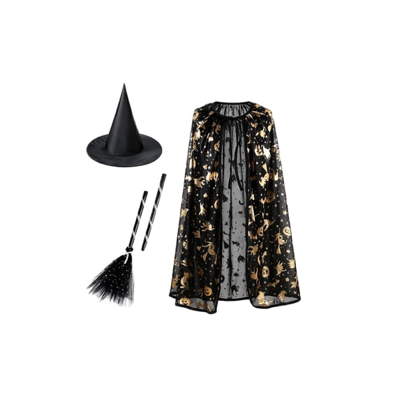 choiix Halloween Witch Cape and Hat Set with Tie Front Cloak and Broomstick Printed Cape and Hat Costume Outfit with 3 Piece Accessories Cosplay Dress and Party Outfit
