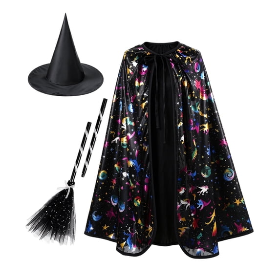 choiix Halloween Witch Cape and Hat Set with Tie Front Cloak and Broomstick Printed Cape and Hat Costume Outfit with 3 Piece Accessories Cosplay Dress and Party Outfit