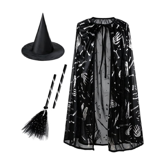 choiix Halloween Witch Cape and Hat Set with Tie Front Cloak and Broomstick Printed Cape and Hat Costume Outfit with 3 Piece Accessories Cosplay Dress and Party Outfit