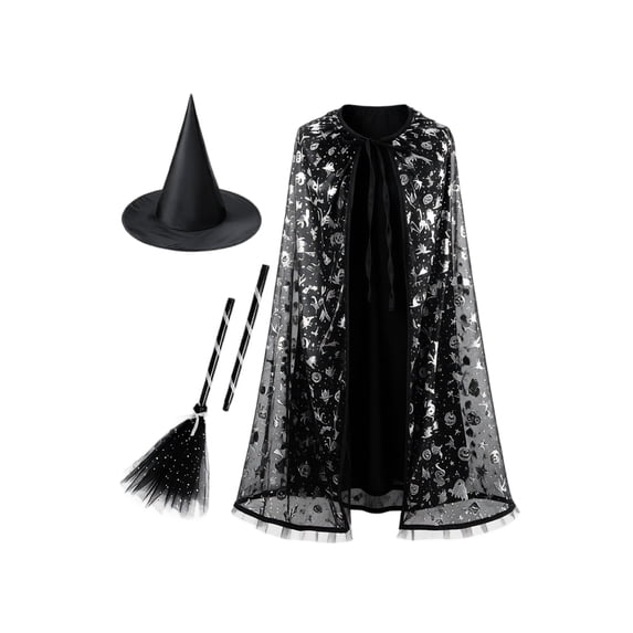 choiix Halloween Witch Cape and Hat Set with Tie Front Cloak and Broomstick Printed Cape and Hat Costume Outfit with 3 Piece Accessories Cosplay Dress and Party Outfit
