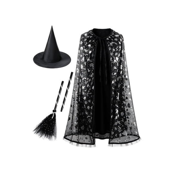choiix Halloween Witch Cape and Hat Set with Tie Front Cloak and Broomstick Printed Cape and Hat Costume Outfit with 3 Piece Accessories Cosplay Dress and Party Outfit