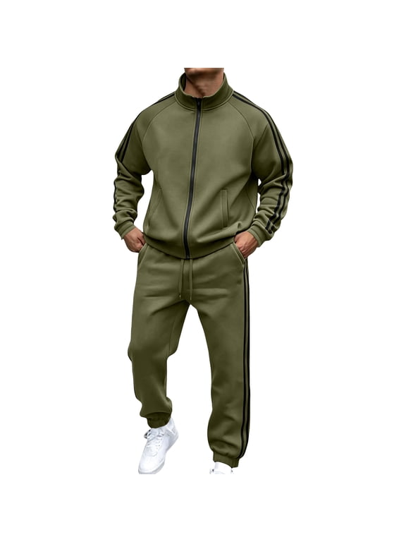 Men's 2‑Piece Track Suit with Full Zip Stand Collar Jacket and Drawstring Jogger Pants Side‑Stripe Track Top and Cuffed Sweatpants Athletic Training Set L