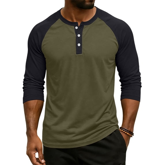 Gaukiv Men's Three Quarter Sleeve Shirts Color Block Henley Raglan Shirts Contrast Sleeve Baseball Tees Army Green S