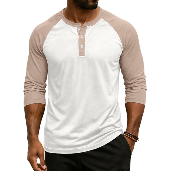 Gaukiv Men's Three Quarter Sleeve Shirts Color Block Henley Raglan Shirts Contrast Sleeve Baseball Tees Beige S
